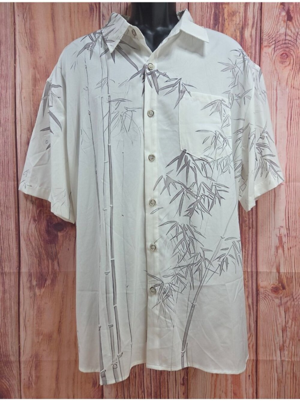 Royauria Hawaiian Bamboo Print Button-Up Shirt XXL White & Gray Casual Beachwear